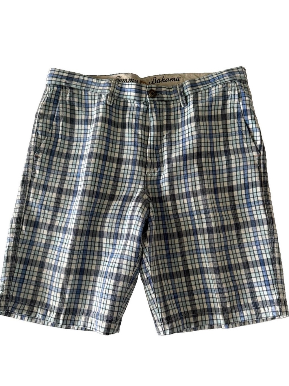 Tommy Bahama Men’s Linen Blend Blue, White, Plaid Check Shorts Pockets Size 34x9